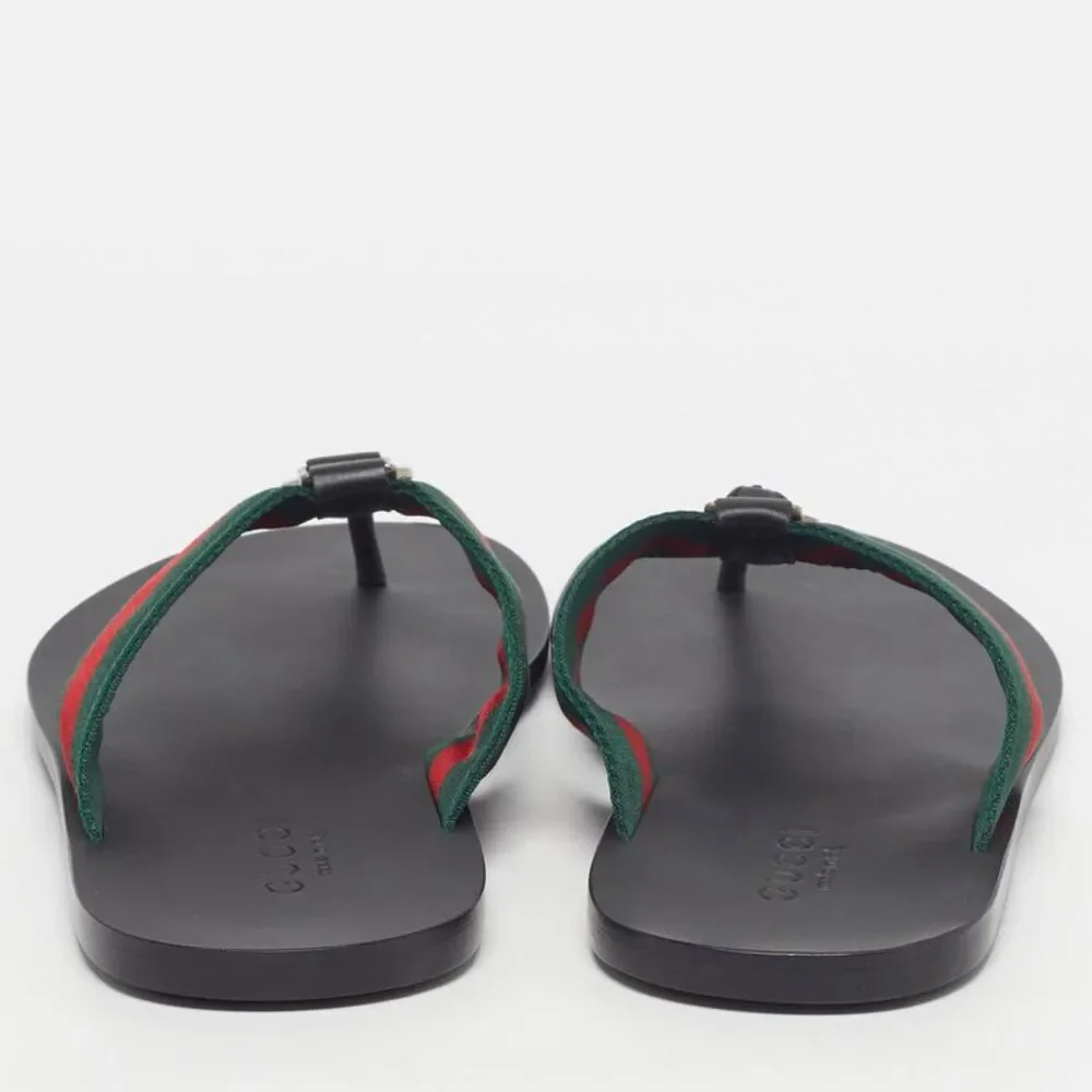 Gucci  Size 41 Black Leather Web Strap Interlocking G Thong Flats